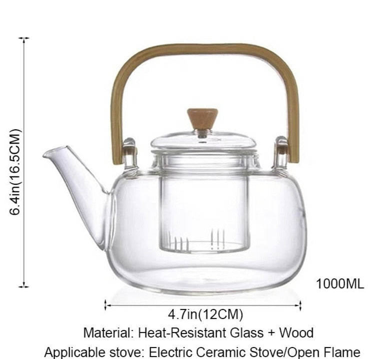 Glass Heat-Resistant Teapot With Wooden Handle
