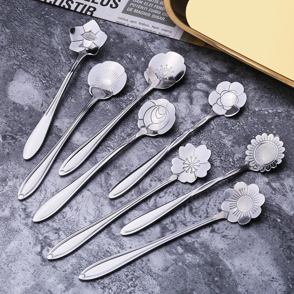 Cherry Blossom Delight: 8-Piece Stainless Steel Flower Spoon Set for Coffee & Desserts