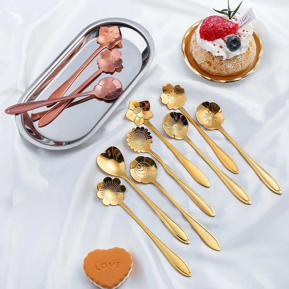 Cherry Blossom Delight: 8-Piece Stainless Steel Flower Spoon Set for Coffee & Desserts