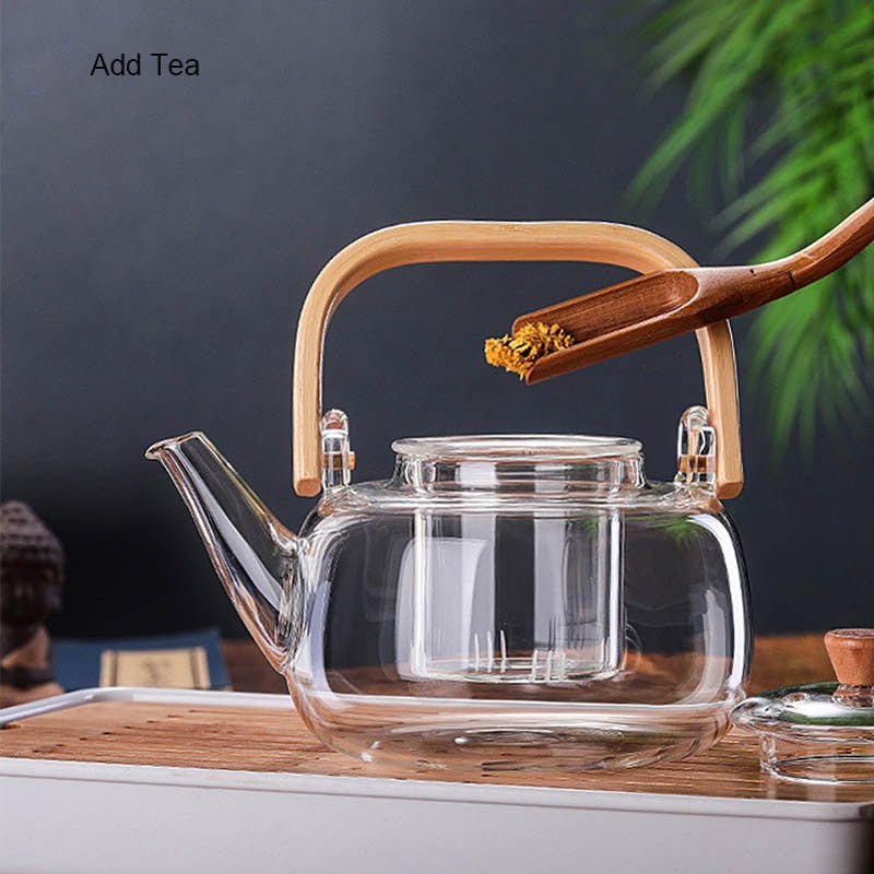 Glass Heat-Resistant Teapot With Wooden Handle