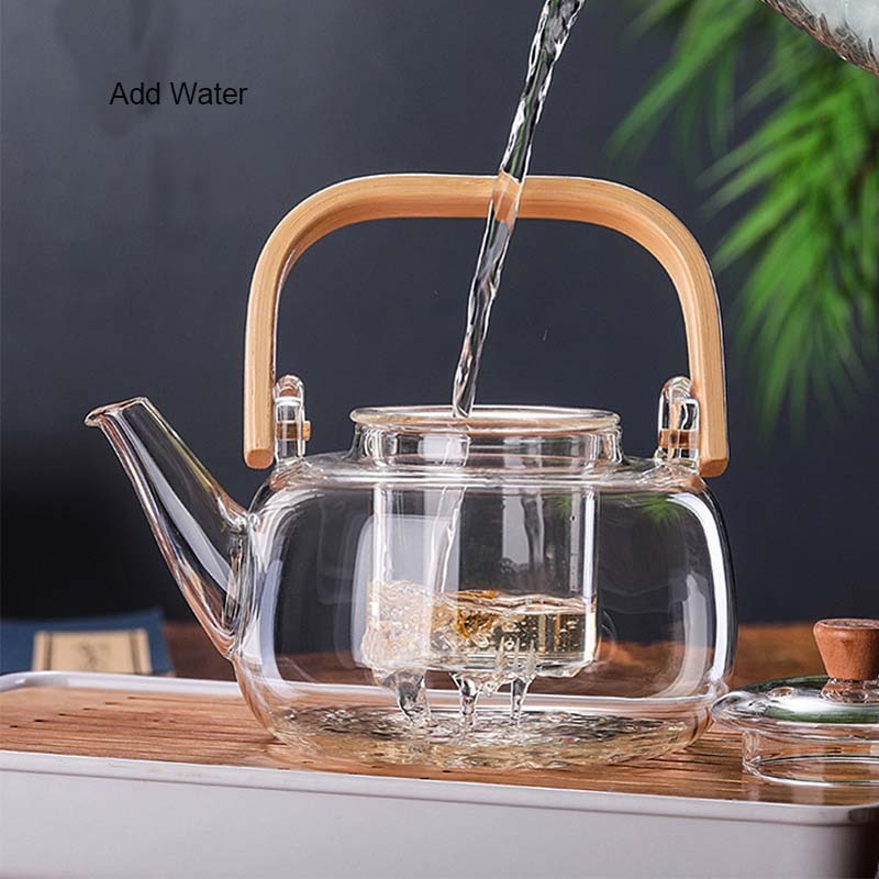 Glass Heat-Resistant Teapot With Wooden Handle