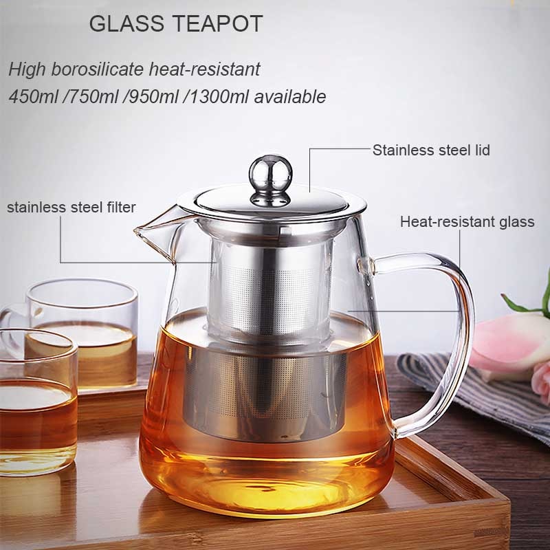 Glass Teapot With Stainless Steel Infuser, Heat Resistant Glass